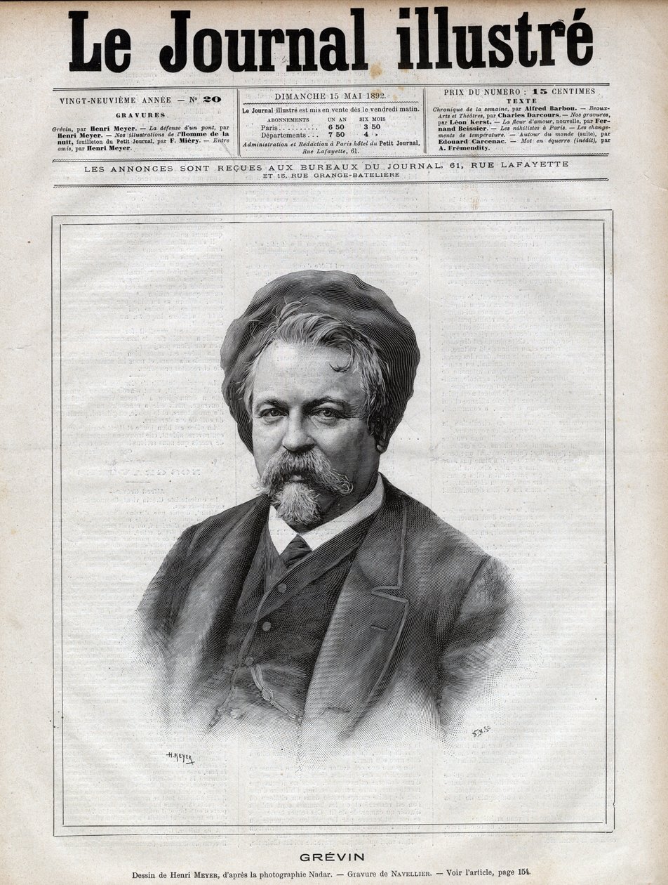 Alfred Grevin (1827-1892) sochař, karikaturista, karikaturista, karikaturista a návrhář francouzských divadelních kostýmů - rytina Navellier podle Nadarovy fotografie v „The Illustrous Journal“ z roku 1892 od Edouard Felicien Eugene Navellier