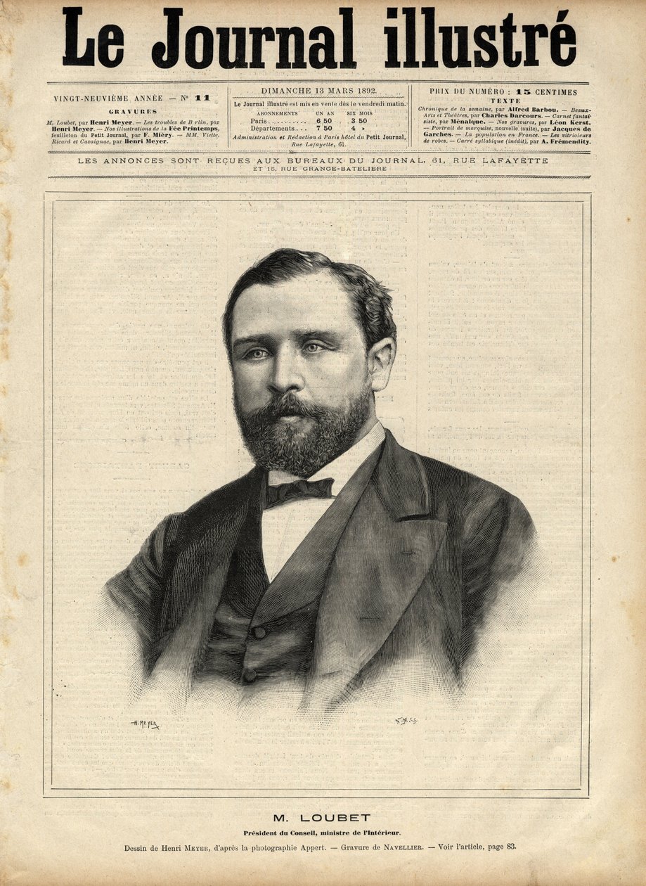 Emile Loubet (1836-1929) v roce 1892 (předseda rady - ministr vnitra) Rytina Navellier v „The Illustrous Journal“ z roku 1892 od Edouard Felicien Eugene Navellier
