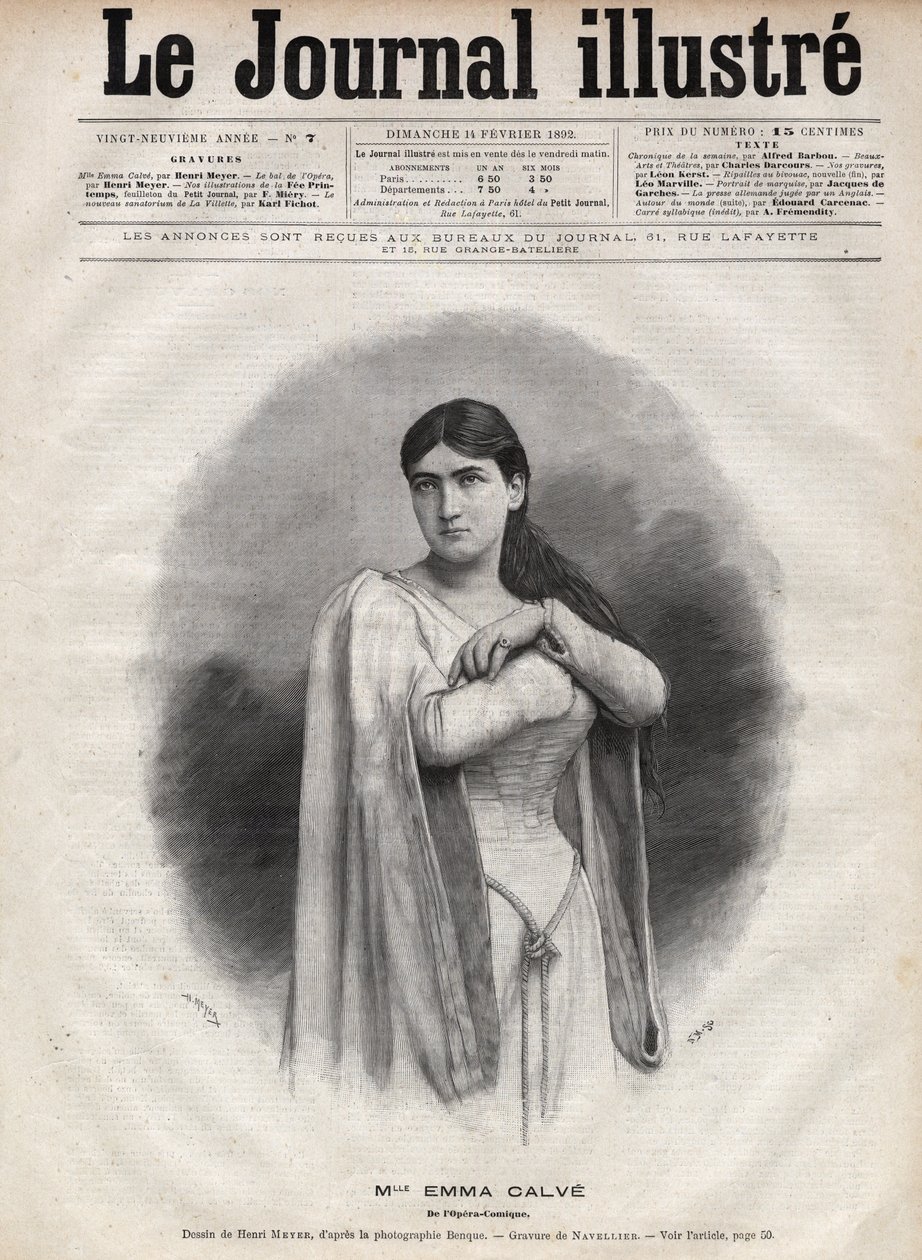 Portrét Emmy Calve (Rosa Noemie Emma Calvet de Roquet, dit) (1858-1942), francouzská sopranistka - rytina Navellier v „The Illustrous Journal“ z roku 1892 od Edouard Felicien Eugene Navellier