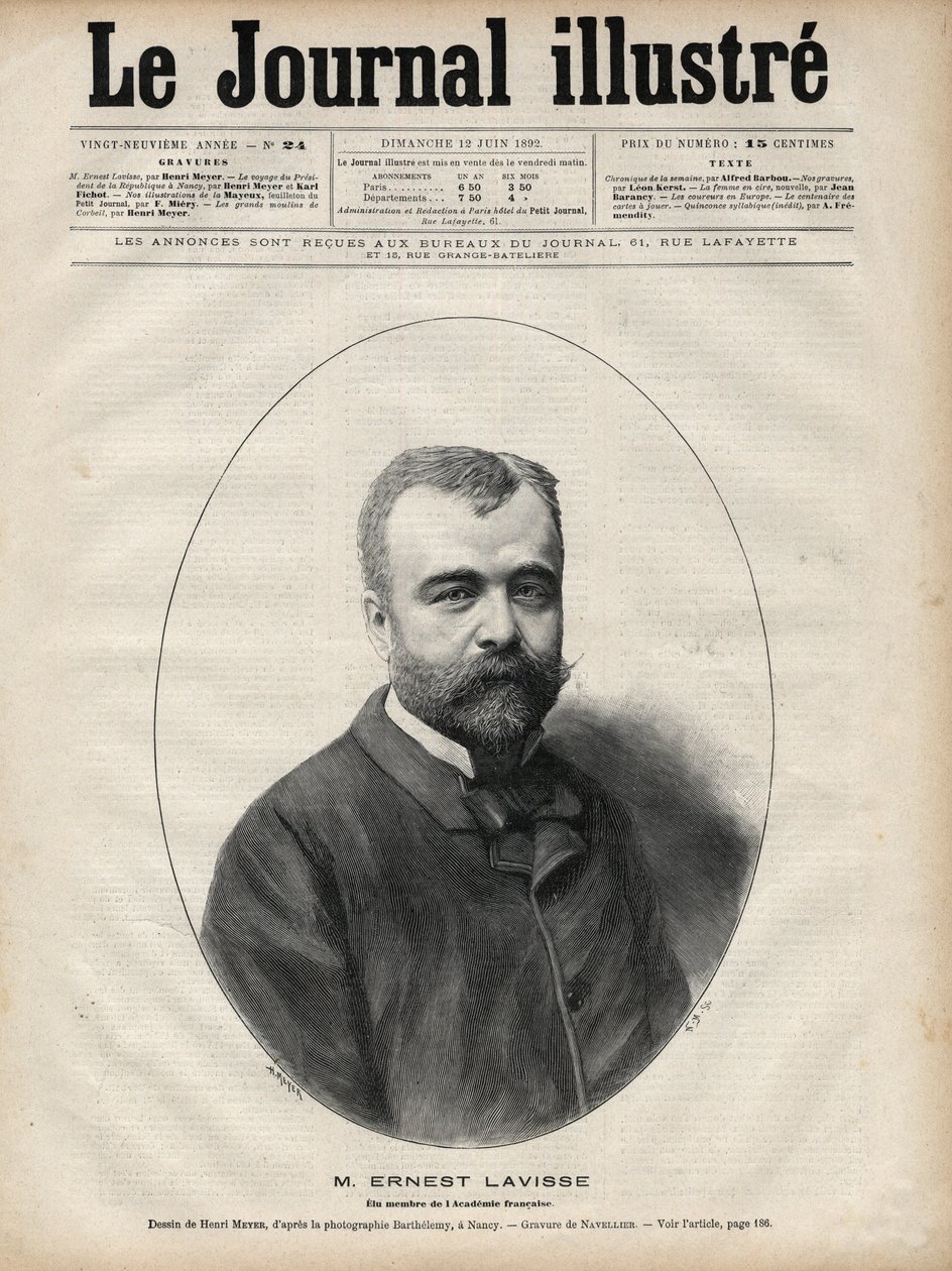 Portrét Ernesta Lavisse (1842-1922), francouzského historika a akademika - rytina Navellier v „Le journal illustrious““ z roku 1892 od Edouard Felicien Eugene Navellier