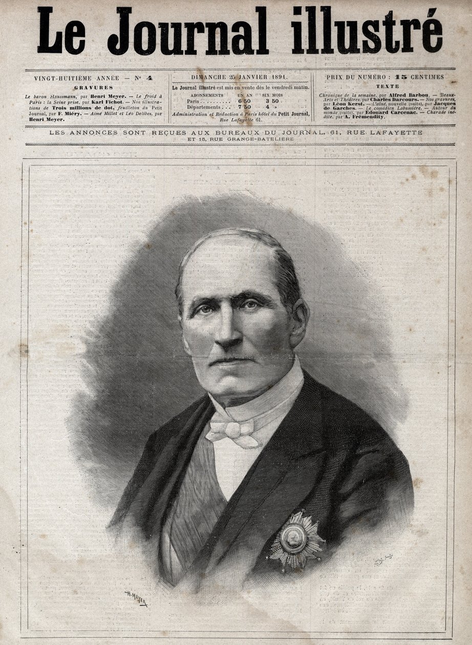 Portrét Georgese Eugena Haussmanna zvaného baron Haussmann (1809-1891) prefetem Seiny za Druhého císařství - rytina Navelliera v „Ilustrativním deníku“ z roku 1891 od Edouard Felicien Eugene Navellier