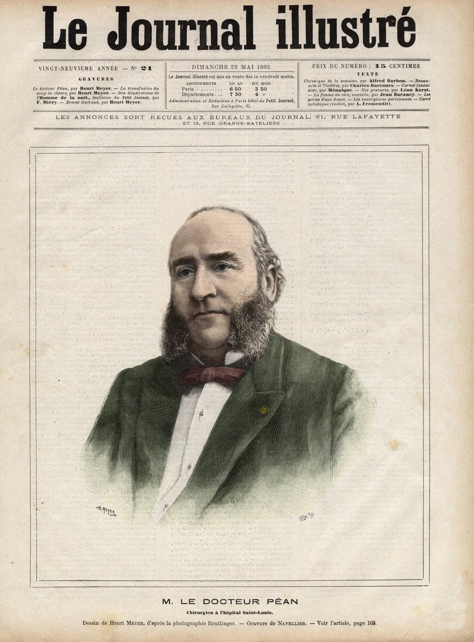 Portrét Julese Emilea (Jules-Emile) Peana (1830-1898), francouzského chirurga – rytina Navelliera v „The Illustrous Diary““ z roku 1892 od Edouard Felicien Eugene Navellier