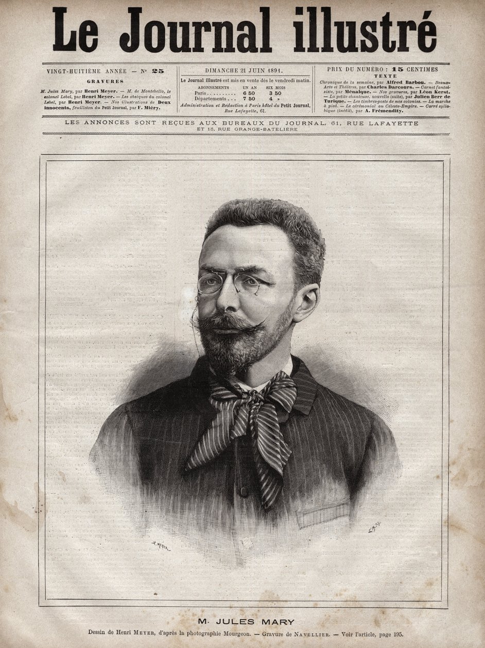 Portrét Julese Mary (1851-1922), francouzského spisovatele - rytina Navellier v „The Illustrous Journal“ z roku 1891 od Edouard Felicien Eugene Navellier