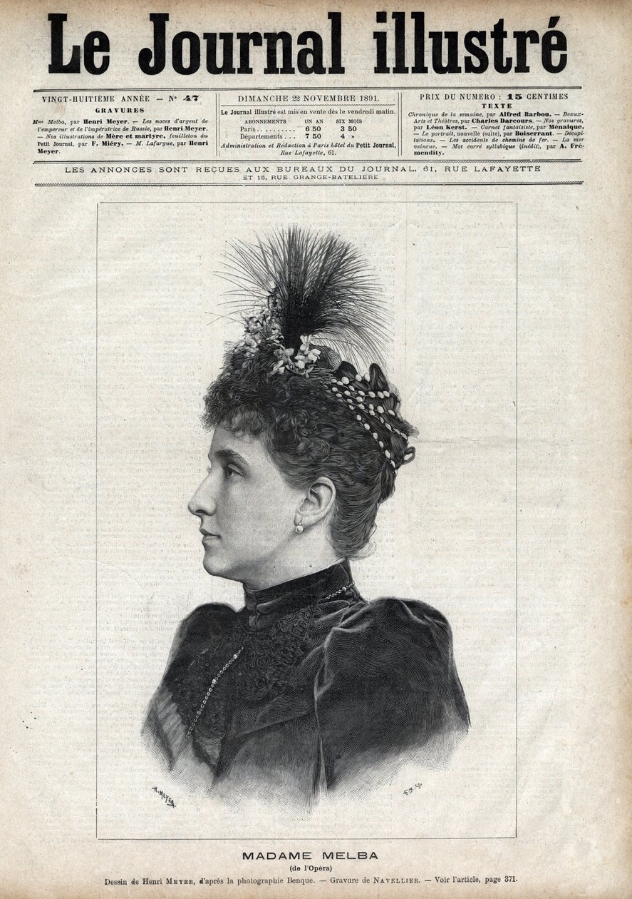 Portrét Nellie Melba (Helen Porter Mitchell, dit) (1861-1931), australská sopranistka - rytina Navellier v „The Illustrous Journal“ z roku 1891 od Edouard Felicien Eugene Navellier