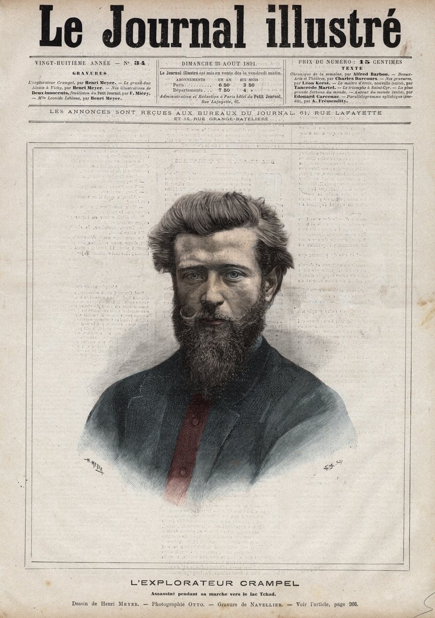 Portrét Paula Crampela (1864-1891), francouzského průzkumníka střední Afriky - rytina Navelliera v „The Illustrous Diary““ z roku 1891 od Edouard Felicien Eugene Navellier