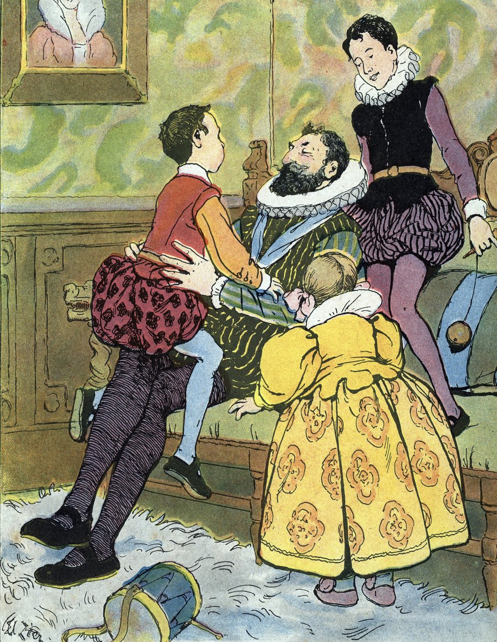 Francouzský král Jindřich IV. si hraje se svými dětmi (1553-1610) Ilustrace Edouard Zier v „Nos-Gloriers-Nationales““ 1920 Collection privee od Edouard Francois Zier