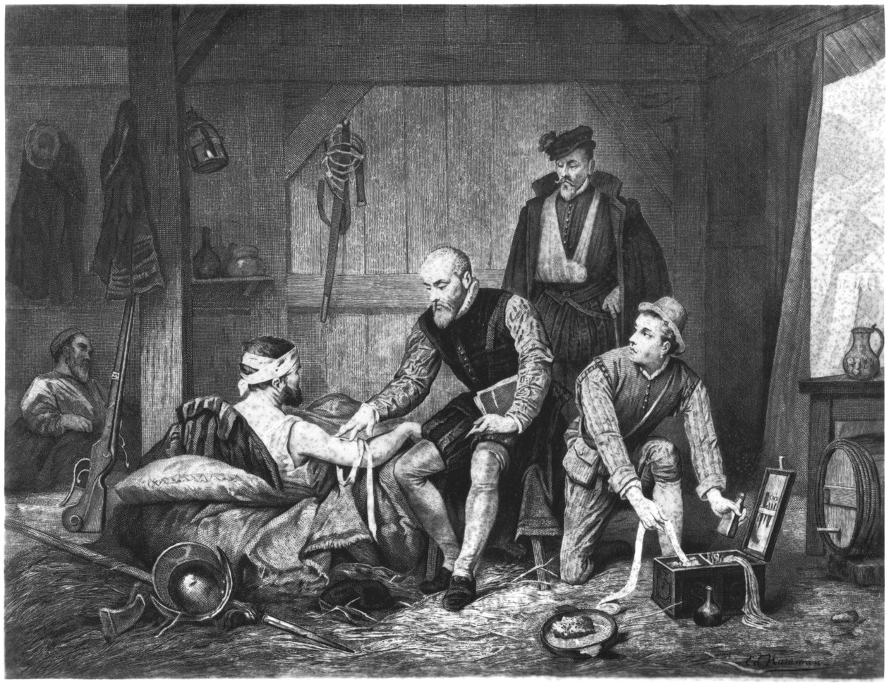 Ambroise Pare ošetřuje zraněné vojáky od Edouard Jean Conrad Hamman