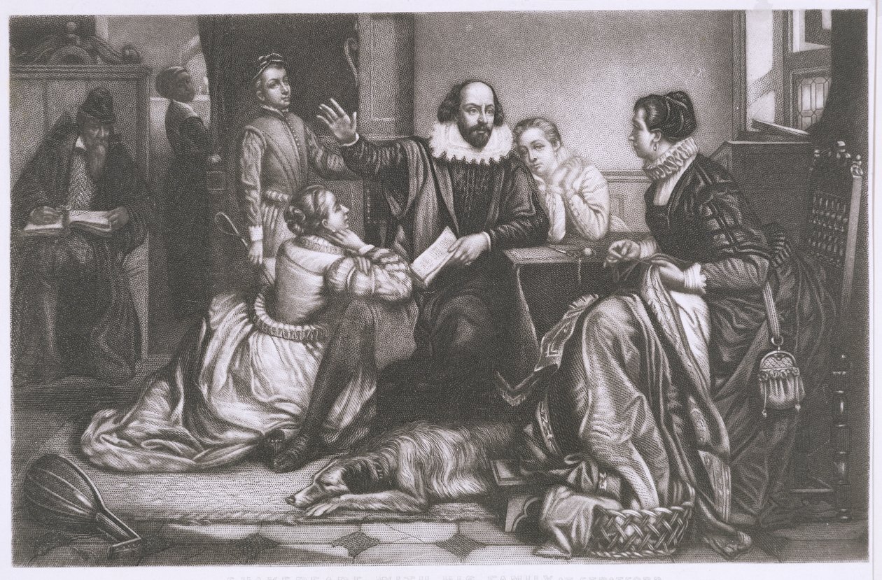 Shakespeare se svou rodinou ve Stratfordu, recitace tragédie Hamleta (tečkovaná rytina a lept) od Edouard Jean Conrad Hamman