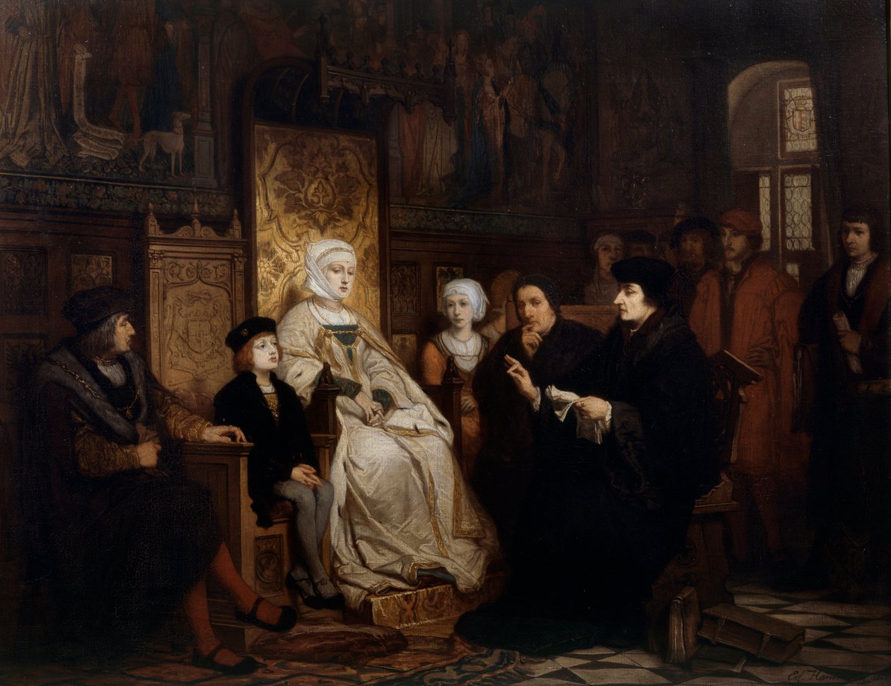 Dětství Karla V., čtení Erasma v Bruselu v roce 1511 Erasmus Rotterdamský (Desiderius Erasmus Roterdamus od Edouard Jean Conrad Hamman