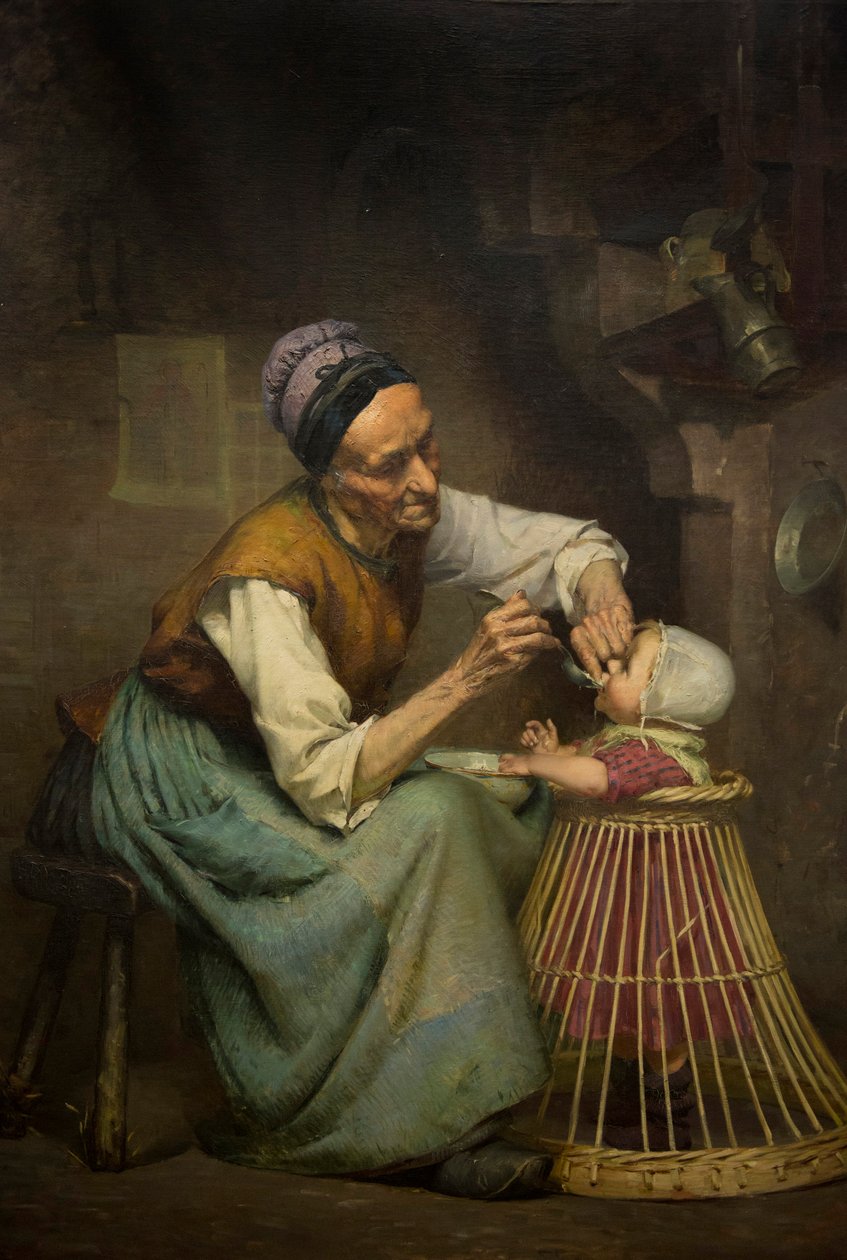 Stará žena krmí svou vnučku drženou v proutěném chodítku, Edouard Jerome Paupion od Edouard Jerome Paupion