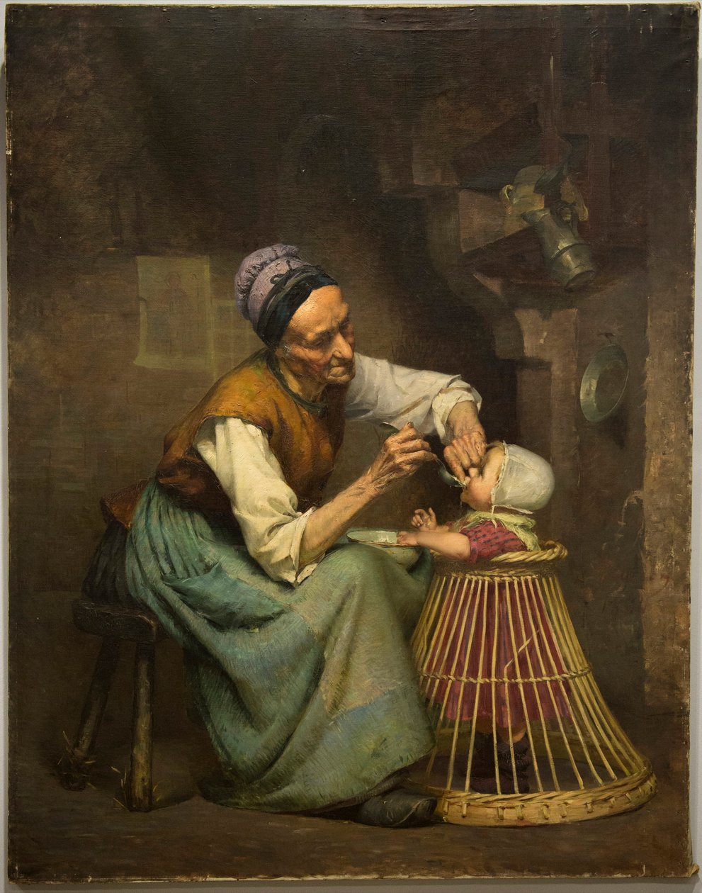 Stará žena krmí svou vnučku drženou v proutěném chodítku, Edouard Jerome Paupion od Edouard Jerome Paupion