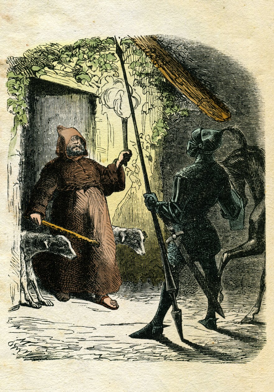 Ilustrace Edwarda Frèra (1797-1874) a Theodora Lixe (1830-1897) k dílu „Ivanhoe“ od Waltera Scotta (1771-1832), skotského spisovatele: Černý rytíř přijímá pohostinnost poustevníka v lese. od Edouard & Lix Theodore (1830-1897) Frere