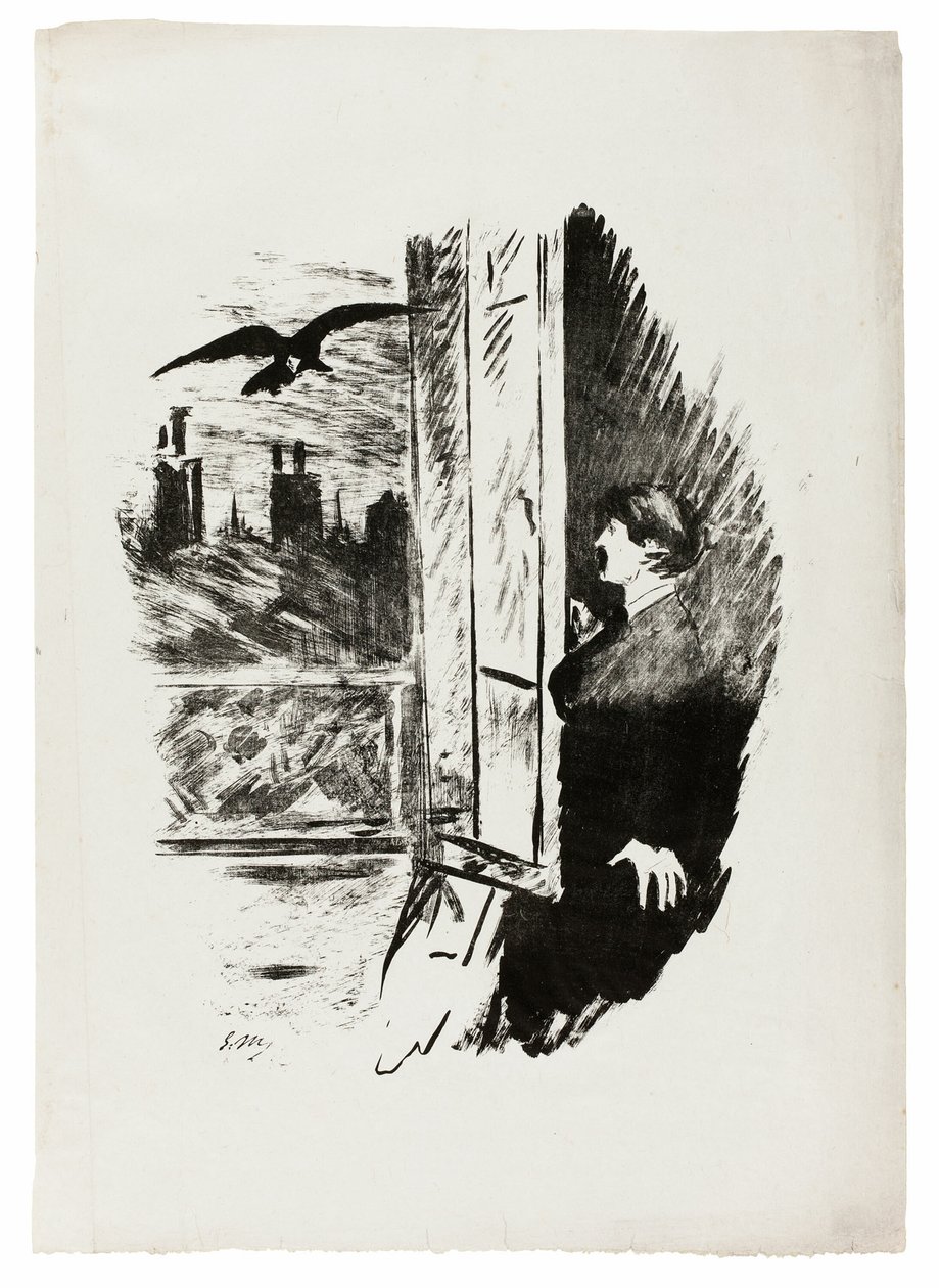 U okna ("Otevři sem, hodil jsem okenici..."), z The Raven (Le Corbeau) od Édouard Manet