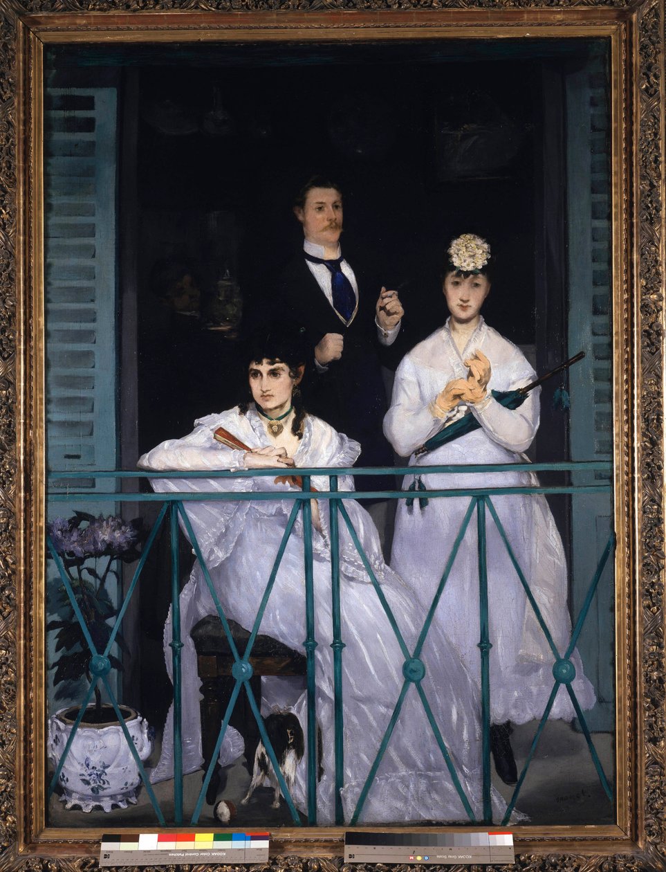 Balkon Dvě mladé ženy držící vějíř a deštník a muž s kravatou. Portrét Berthe Morisot (1841-1895), francouzské malířky, Fanny Claus (1846-1877), houslistky, Antoine Guillemet (1841-1918), krajináře a pozadí Leon Leenhoff. Malba Edoua od Édouard Manet