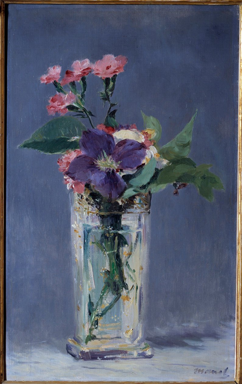 Karafiáty a plaménky v křišťálové váze Malba Edouarda Maneta (1832-1883) 1882 Rozm. 0,56x0,35 m Paříž, musee d