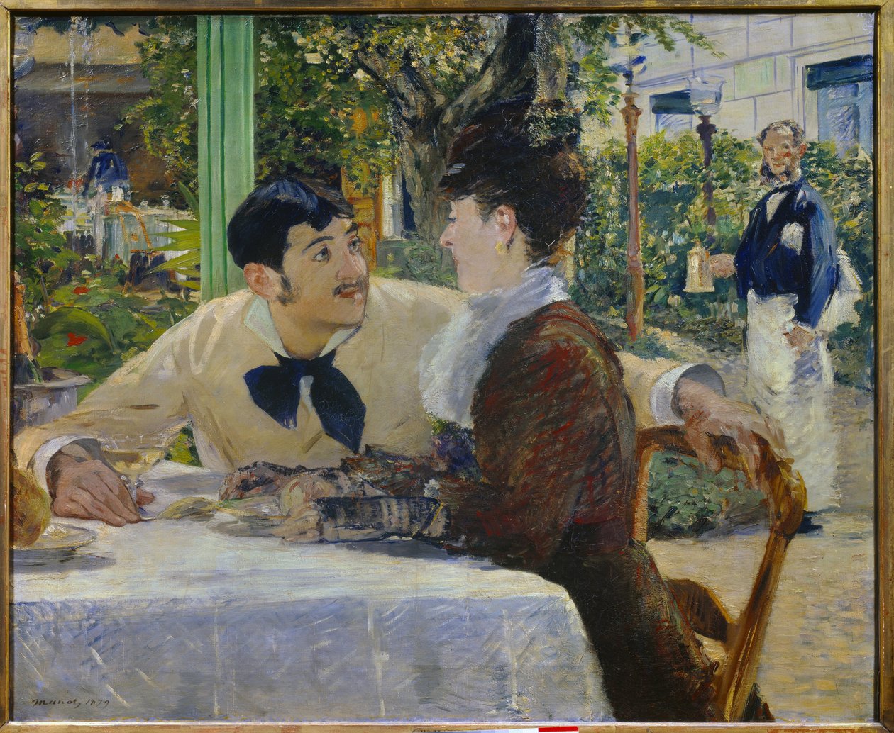 Otec Lathuille. Venku Pár popíjející sklenku šampaňského na terase venkovní restaurace poblíž Place de Clichy v Paříži (Montmartre). Obraz Edouarda Maneta (1832-1883) 1879 Tournai. Muzeum výtvarných umění od Édouard Manet