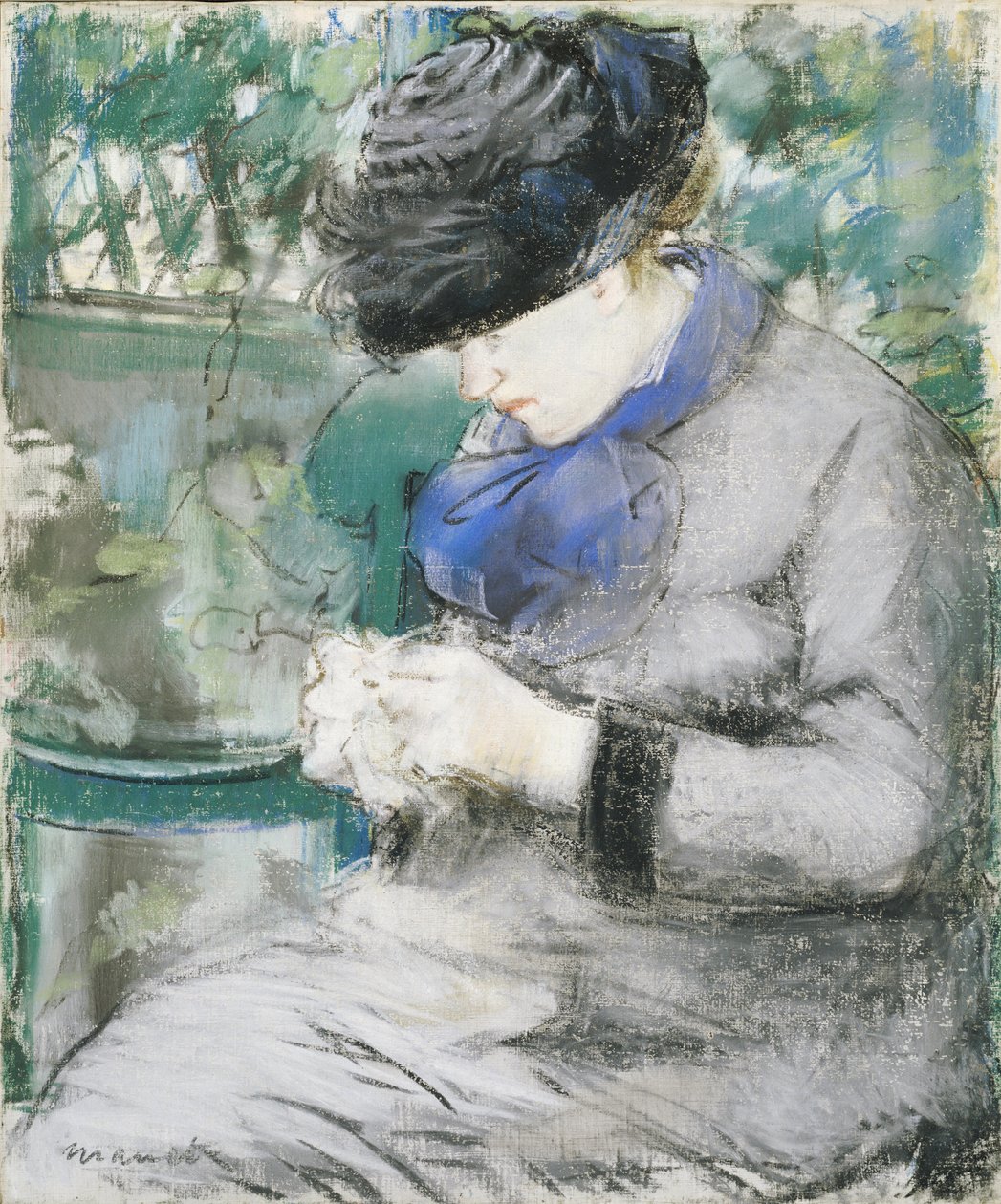 Dívka sedící v zahradě nebo pletení, 1879 od Édouard Manet