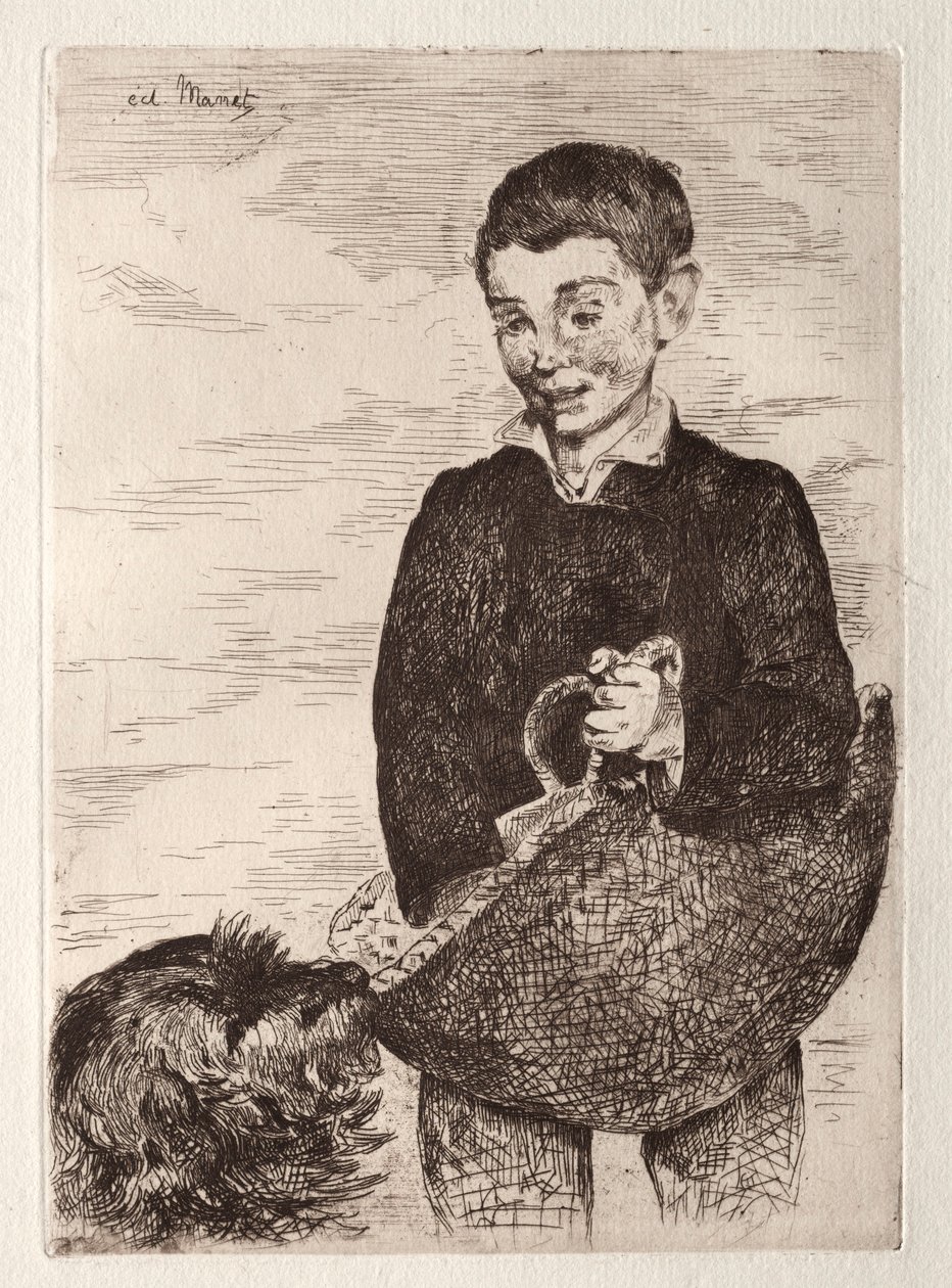 Dítě se psem, s nákupní taškou. od Édouard Manet