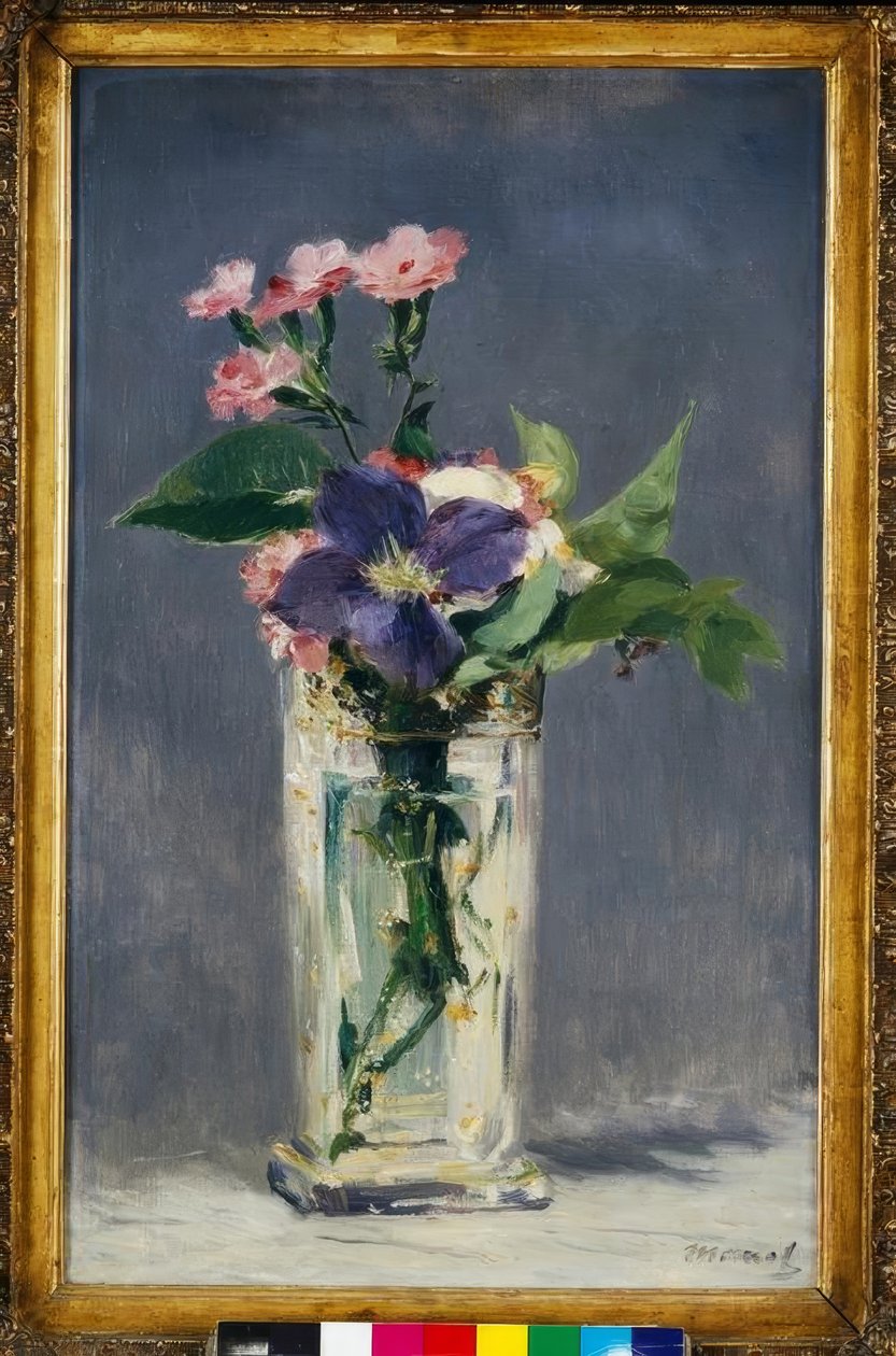 Karafiáty a plamének v křišťálové váze od Édouard Manet