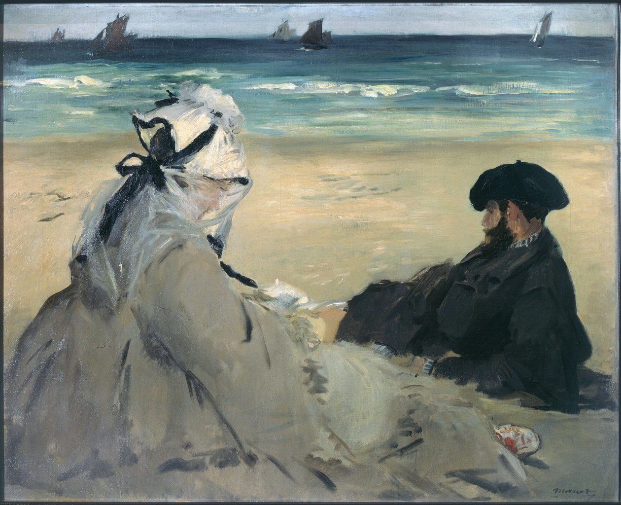 Na pláži. Portrét Madame Edouard Manet (1830-1906) a Eugene Manet (1833-1892), manželky a bratra umělců v Berck-sur-Mer (Berck sur mer). Obraz Edouarda Maneta (1832-1883), 1873. Olej od Édouard Manet