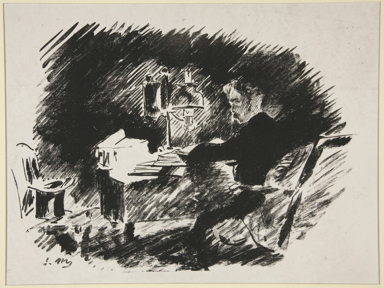 Pod lampou, první ilustrace Mallarmého překladu Poeova „Havrana“ od Édouard Manet
