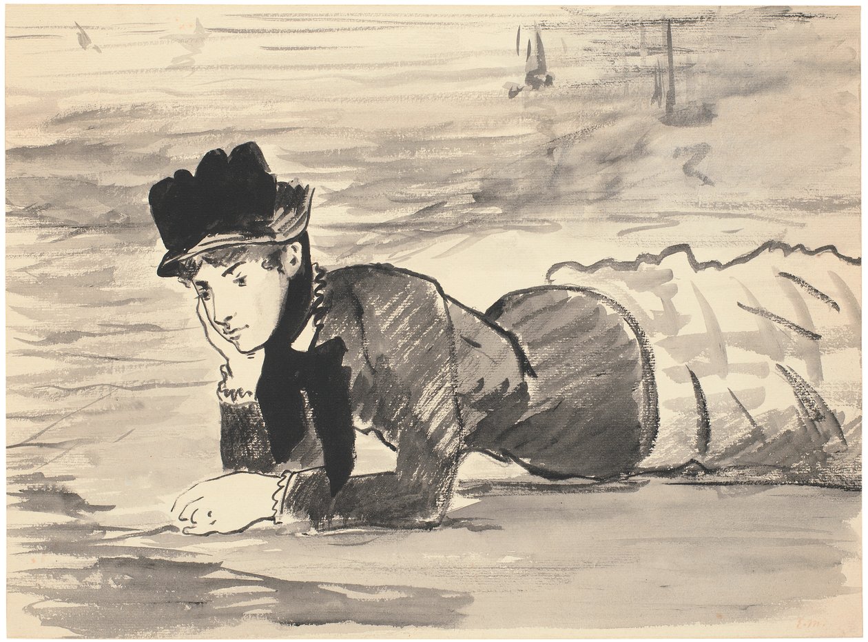 Žena ležící na pláži. Annabel Lee, c. 1881 (Štětec, šedý a černý inkoust na černé křídě; orámováno perem a černohnědým inkoustem) od Édouard Manet