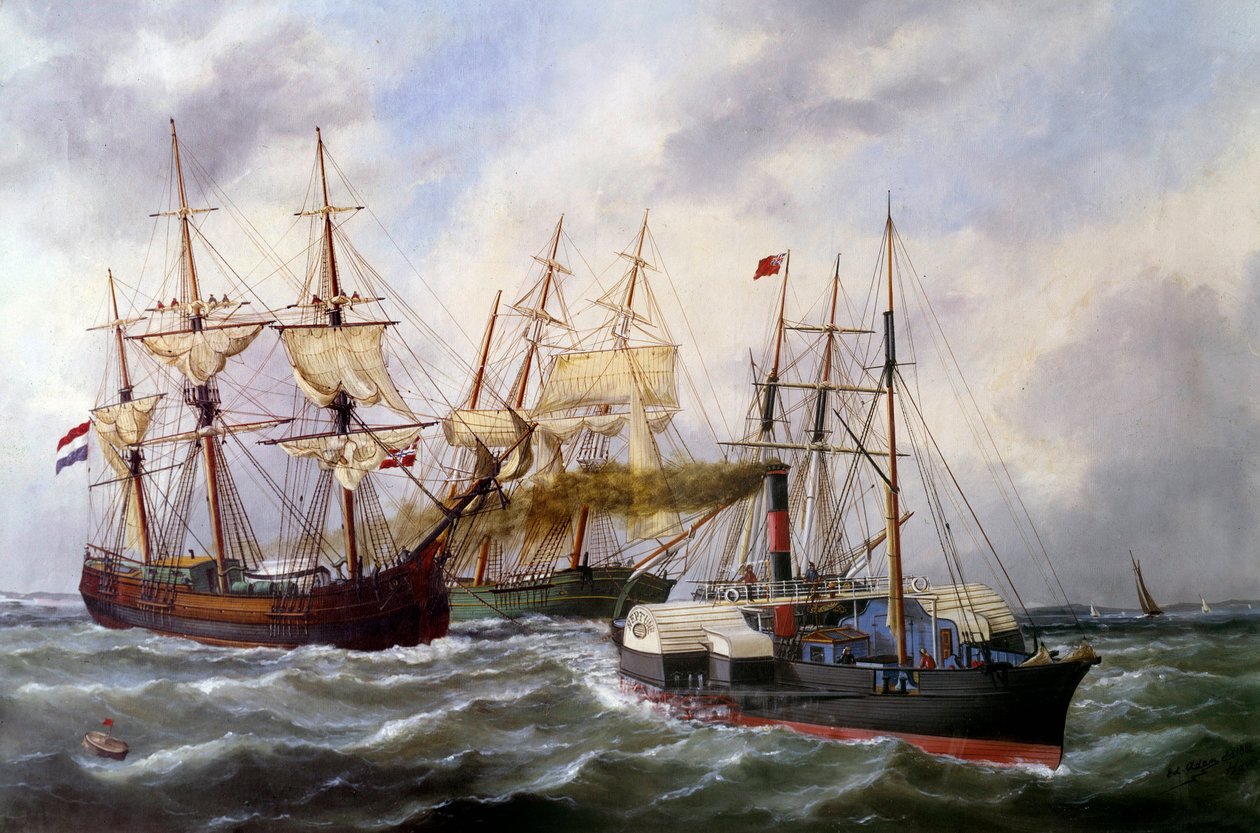 Dva přívěsy se třemi rohožemi od Le Neptune au Havre v roce 1882 Malba Edouarda Adama (1847-1929) 1882 Paříž, Musee de la Marine od Edouard Marie Adam