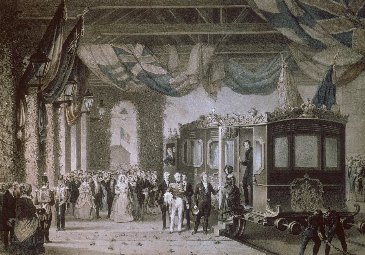 Královna Viktorie (1819-1901) a princ Albert (1819-61) přijíždějící na Gosport Station, Hampshire, vyryto Bayot & Cuvilier, 1846 od Edouard Pingret