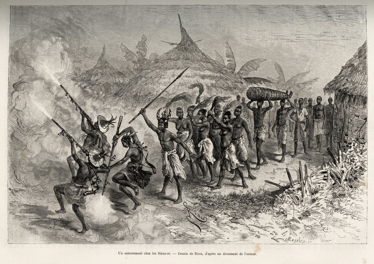 Pohřeb v Siene-re (Siene Re), ve Fourou (Mali), průvod funebre přešel vesnici, vedený ozbrojenými muži z rodiny zesnulého, následoval ženy s kravskými ohony a tělo zesnulého, svázané v rohož. Rytina Riou, k ilustraci od Edouard Riou