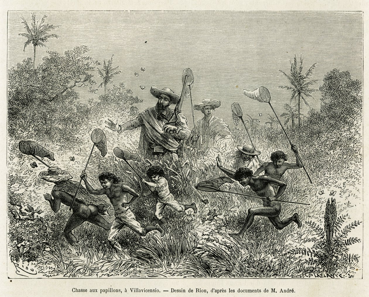 Gang dětí lovil motýly, doprovázený autorem, Villavicensio (Kolumbie), kresba Riou, pro ilustraci příběhu Equinoxiale America (Kolumbie, Ekvádor, Peru), v letech 1875-1876, od Ed. andre, cestovatel pověřený misí F od Edouard Riou