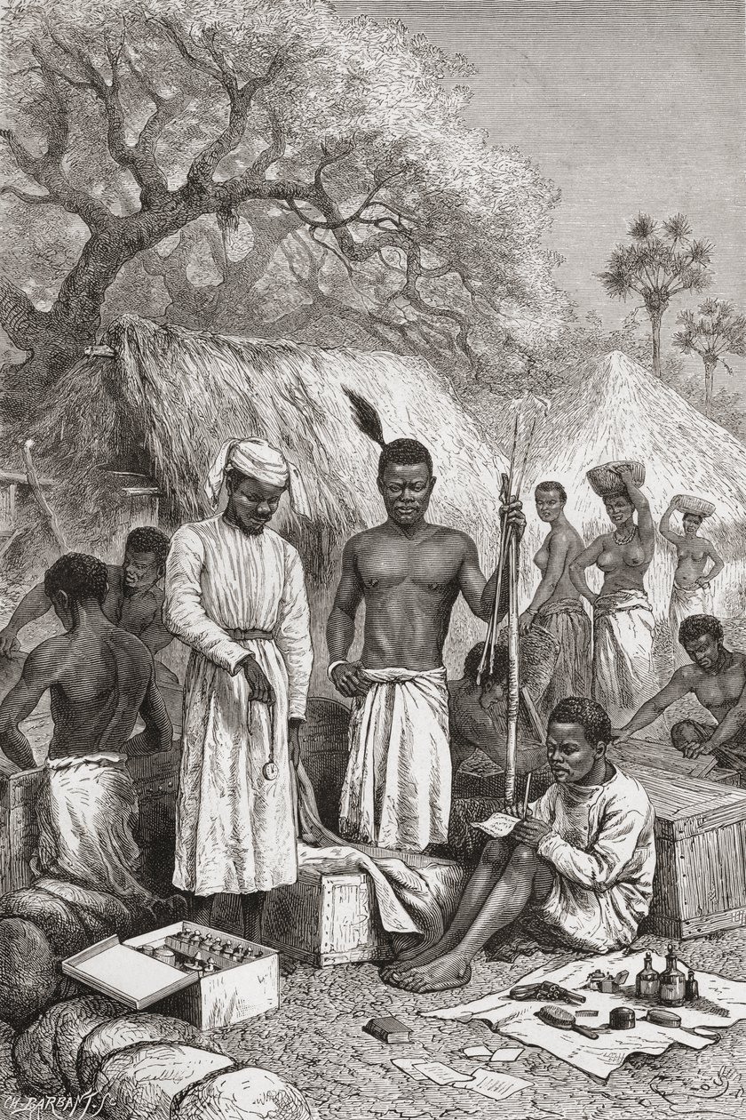 Abdullah Souzi, Jacob Wainright a James Chouma, tři sluhové Dr. Davida Livingstonea, provádějící inventuru jeho věcí po jeho smrti v roce 1873, ilustrace z „The World in the Hands“, vyryl Charles Barbant od Edouard Riou