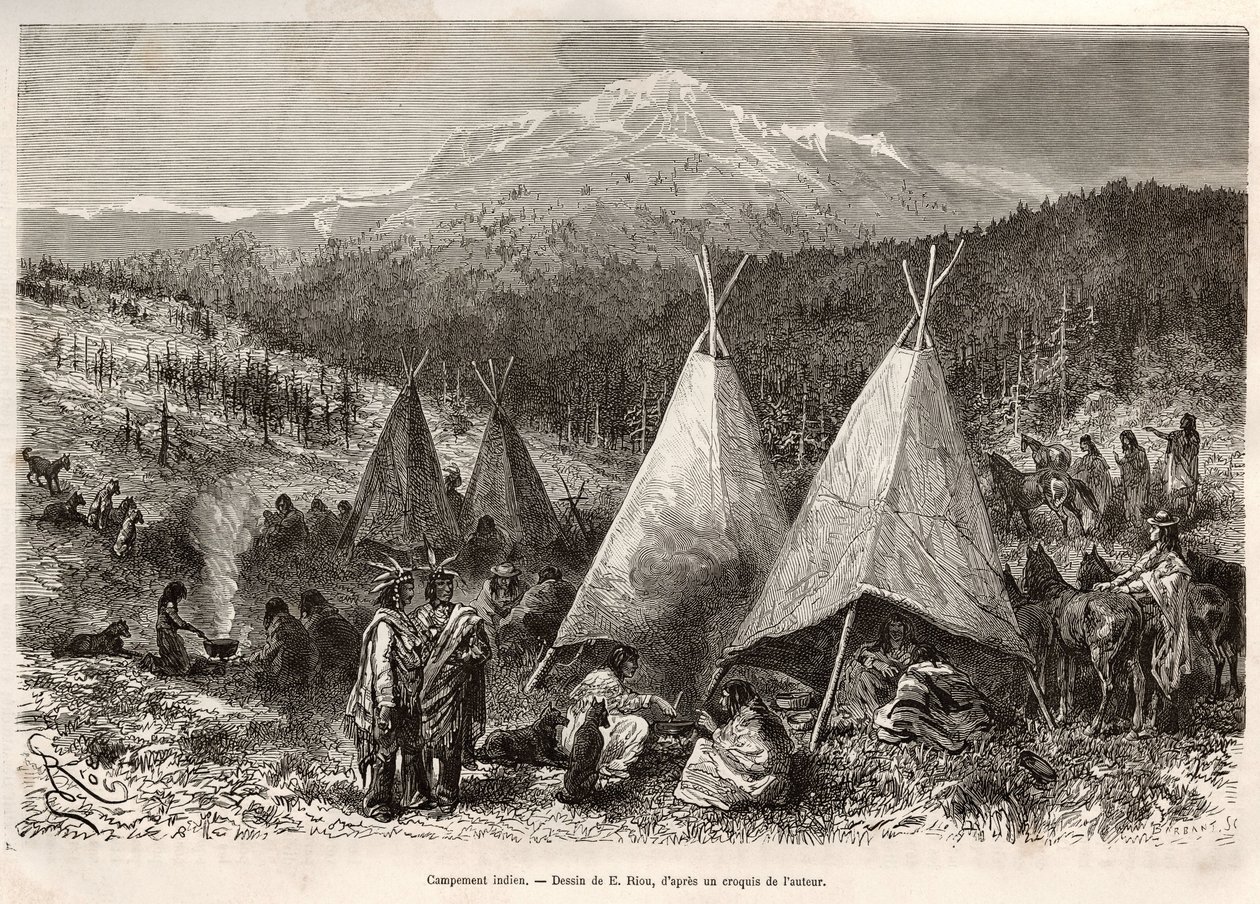 Indiánský tábor na území Utahu na březích Riviere Verte. Rytina podle kresby E.Riou pro ilustraci příběhu La conquete blanche, od Williama Hepwortha Dixona, v roce 1875, publikovaná v „“Le tour du monde“““ 1876, editoval Edouard Charto od Edouard Riou
