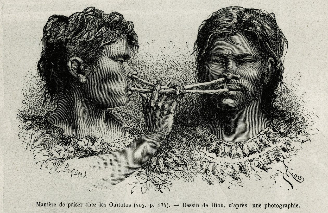 Nástroj vyrobený z ptačí kosti a způsob šňupání mezi indiány ouitotos (uitoto), foukající unisono, současně posílají úlovek. Rytina od Riou, pro ilustraci příběhu Cayenne aux Andes, od Julese Crevauxe, doktora francouzského námořnictva, od Edouard Riou