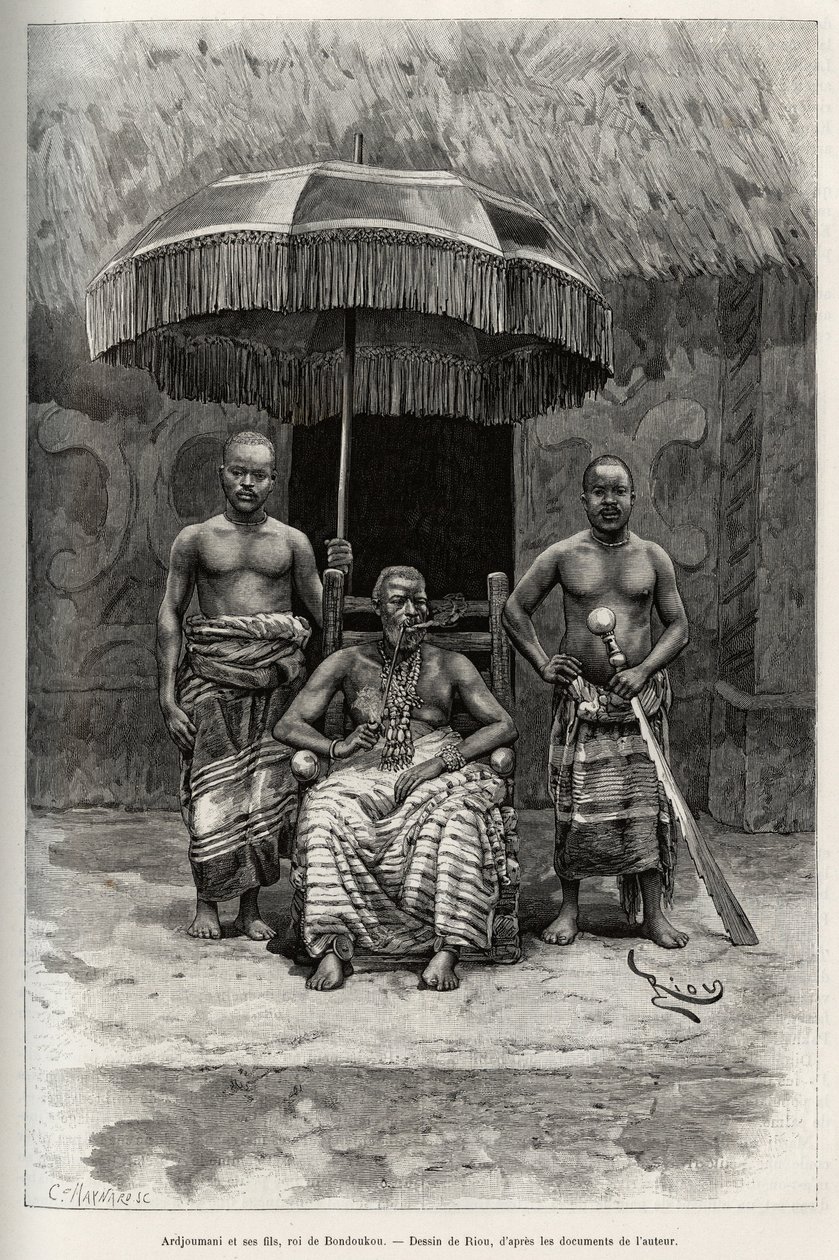 Ardjoumani (zemřel 1892) a jeho synové, král Bondoukou (Pobřeží slonoviny). Rytina od Riou pro ilustraci příběhu „“ Z Nigeru do Guinejského zálivu““ od kapitána Louise Gustava Bingera (1856-1936), v letech 1887-1889, v Le tour du monde, nouveau journal des od Edouard Riou