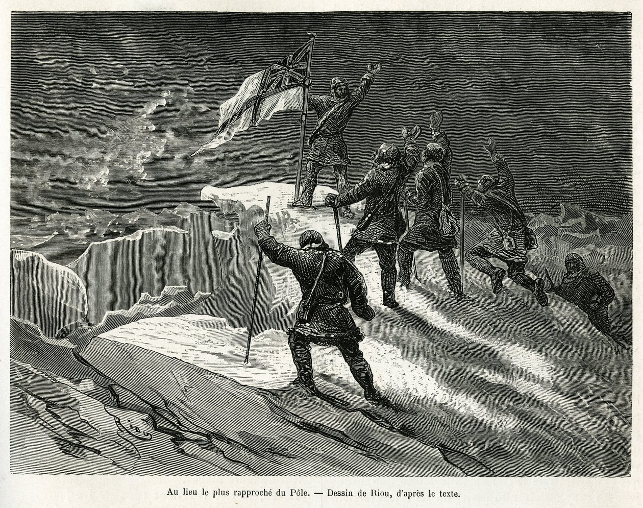 Kapitán George Strong Nares (1831-1915) zasadil britskou vlajku na místo nejblíže pólu, kresbu Riou, aby ilustroval příběh o plavbě k polárnímu moři v letech 1875-1876 od kapitána G.S.Narese. Rytina v Le tour du monde od Edouard Riou