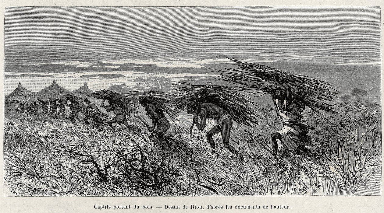 Zajatci nesoucí dřevo v buši. Rytina od Riou, pro ilustraci příběhu „“ Z Nigeru do Guinejského zálivu“, od kapitána Louise Gustava Bingera (1856-1936), v letech 1887-1889, v Le tour du monde, nouveau journal des voyages, pod vedením z Edouaru od Edouard Riou