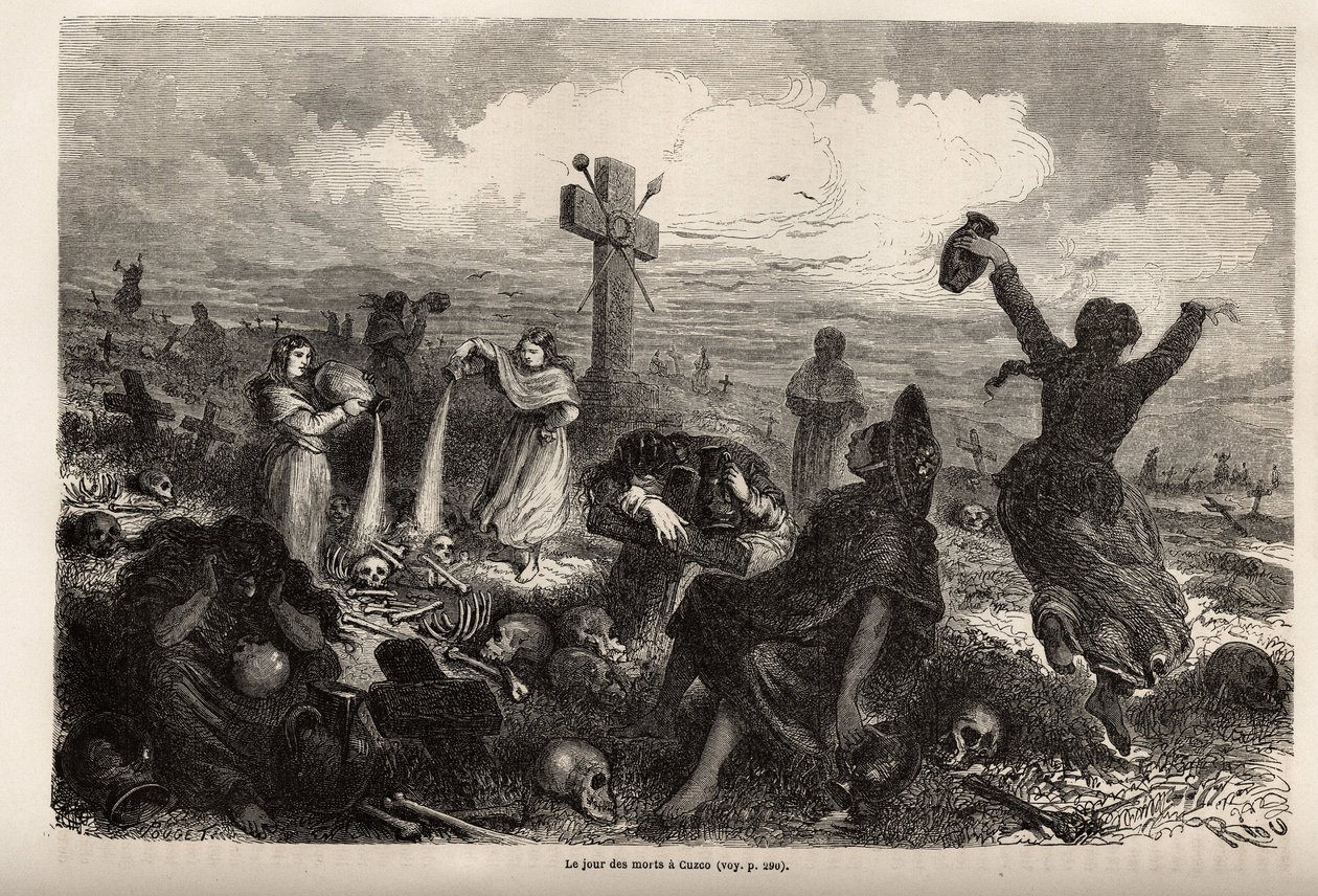 Oslava fete des morts v Cuzcu, kresba Riou, k ilustraci cesty Paula Marcoye Jižní Amerikou v letech 1848 až 1860. Rytina „“Le tour du monde“, editoval Edouard Charton od Edouard Riou