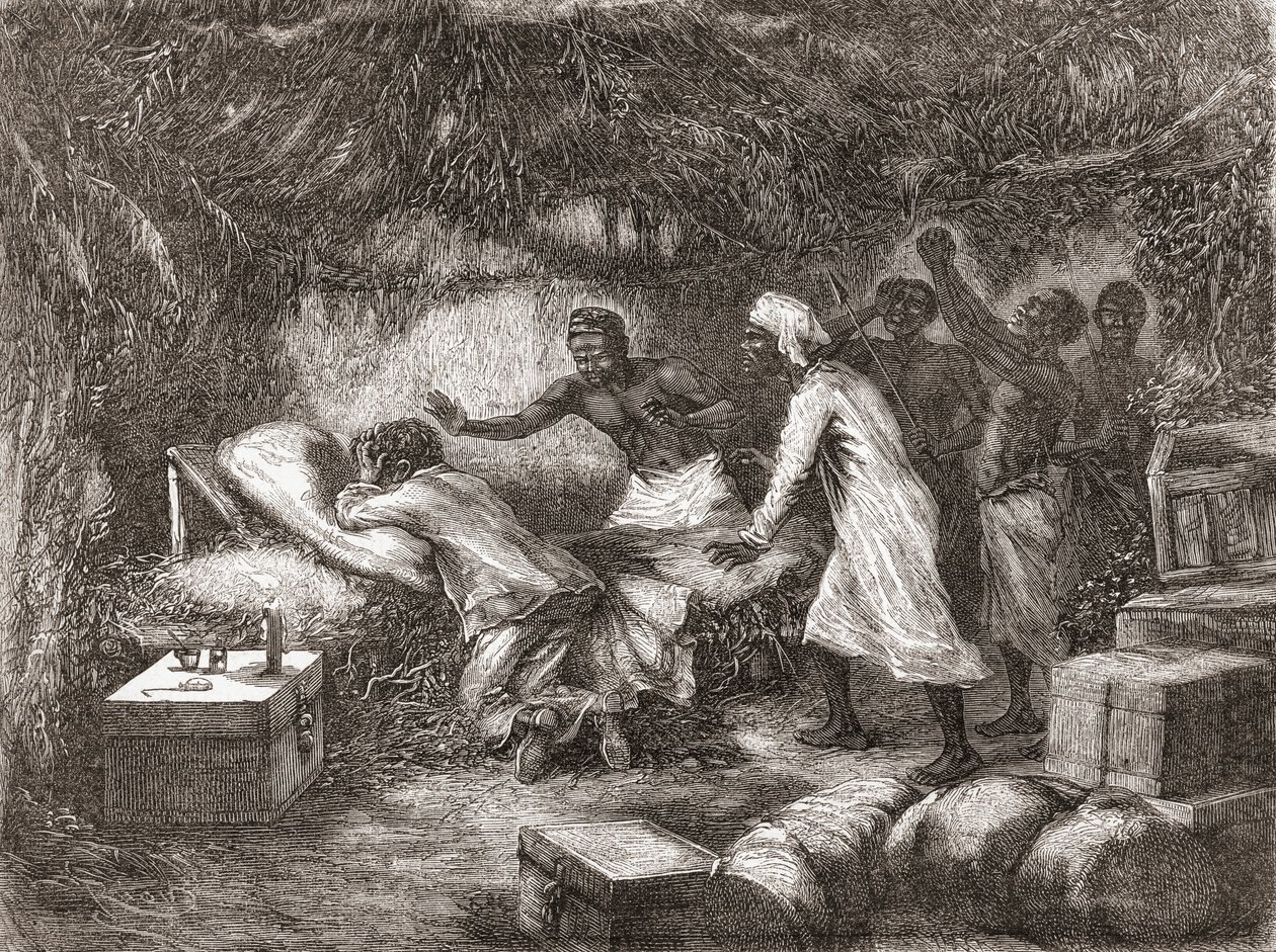Smrt Dr. Livingstone ve vesnici Tchitammbo, Afrika, v roce 1873, ilustrace z "The World in the Hands", vydáno 1878 od Edouard Riou