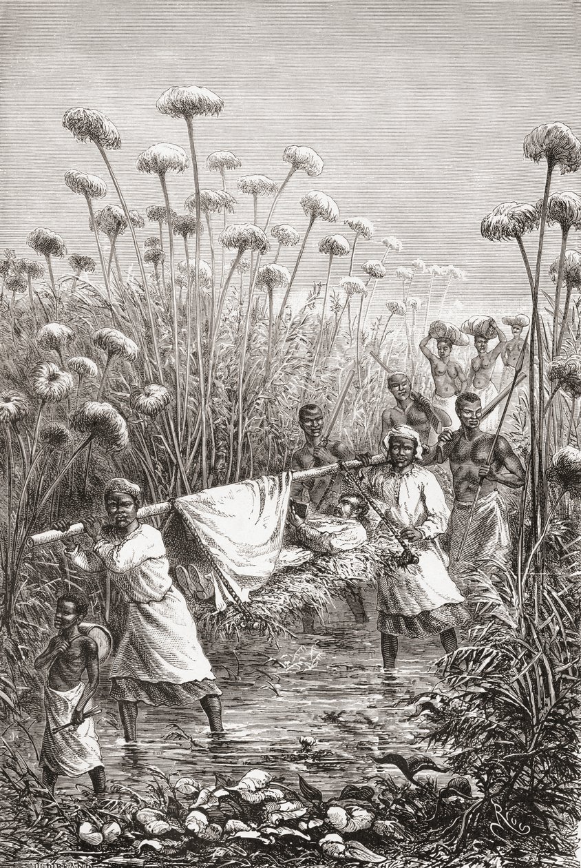 Dr. David Livingstone nesený posledních pár mil do vesnice Tchitammbo v Africe, krátce před svou smrtí, ilustrace z "The World in the Hands", vyrytý Henri Theophile Hildibrand od Edouard Riou