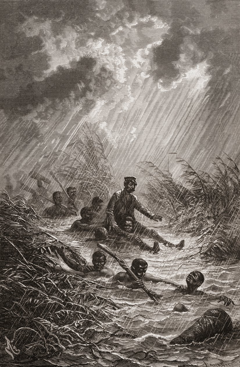 Dr. David Livingstone, kterého nosiči během své expedice do Afriky v roce 1872 nesli močálem, ilustrace z „The World in the Hands“, vyryl Charles Laplante od Edouard Riou