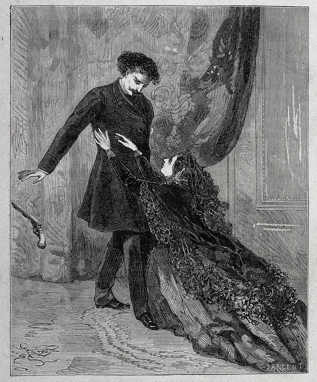 Edmond Dantes et Mercedes - Rytina od Riou, v „“Hrabě Monte Cristo““ (Monte-Cristo) od Alexandra Dumase pere (1802-1870), ed. Jules Rouff & Cie od Edouard Riou