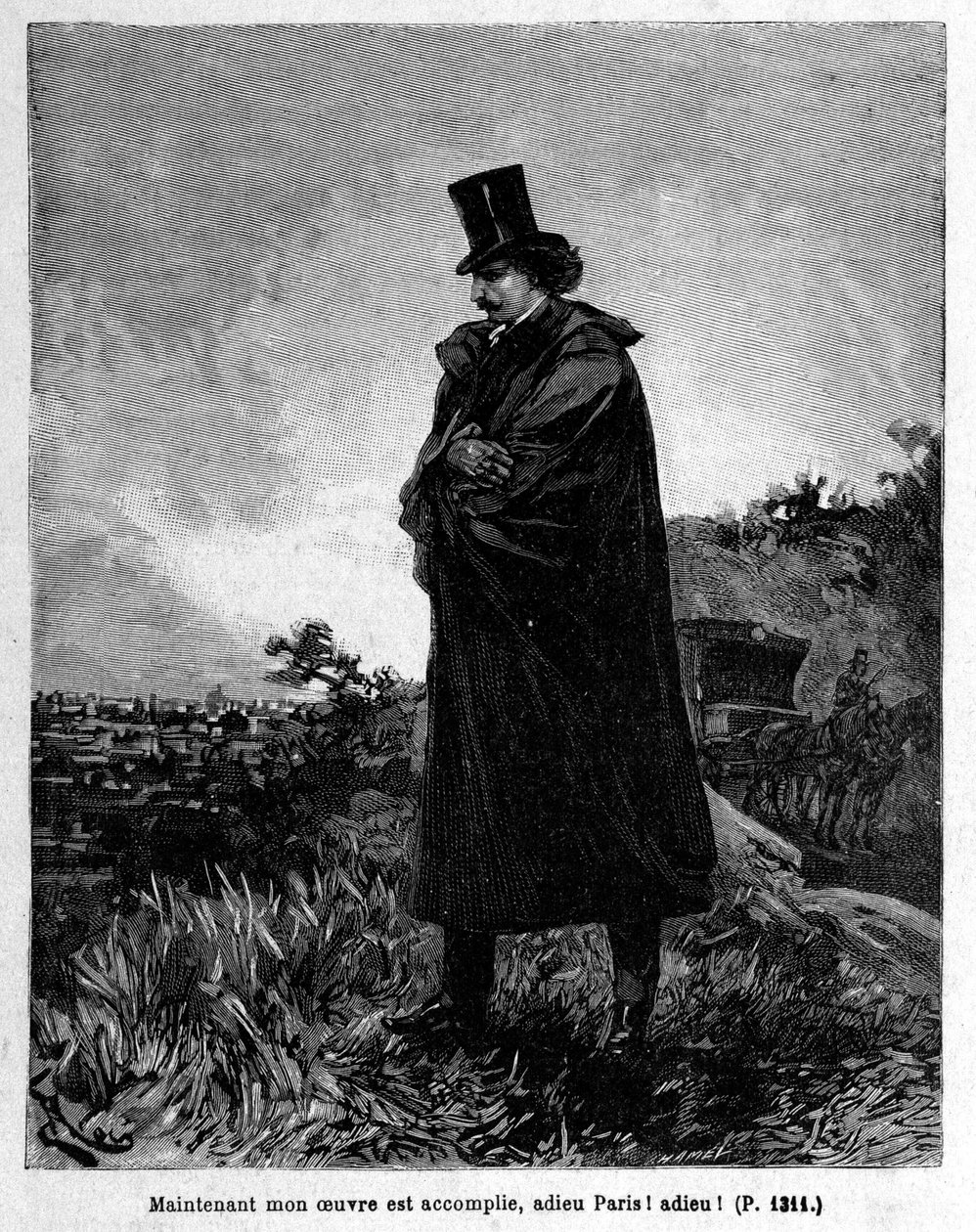 Edmond Dantes, hrabě Monte-Cristo opouštějící Paříž – rytina Riou, v „“La Comte de Monte-Cristo““ od Alexandra Dumase, Rouffa & Cie od Edouard Riou