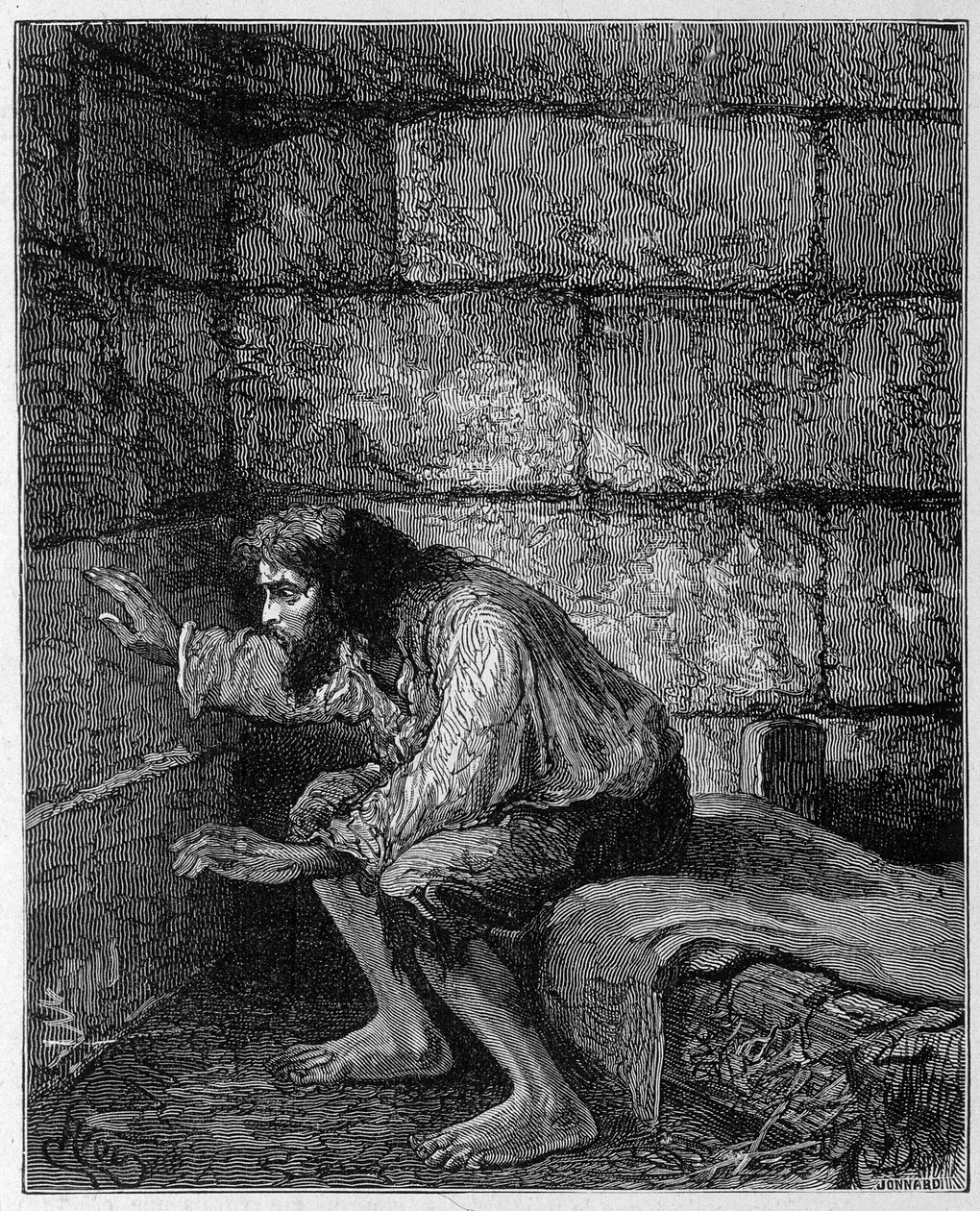 Edmond Dantes, hrabě Monte Cristo (Monte Cristo) ve svém vězení – rytina Riou, v „La Comte de Monte-Cristo“ od Alexandra Dumase, Rouffa & Cie od Edouard Riou