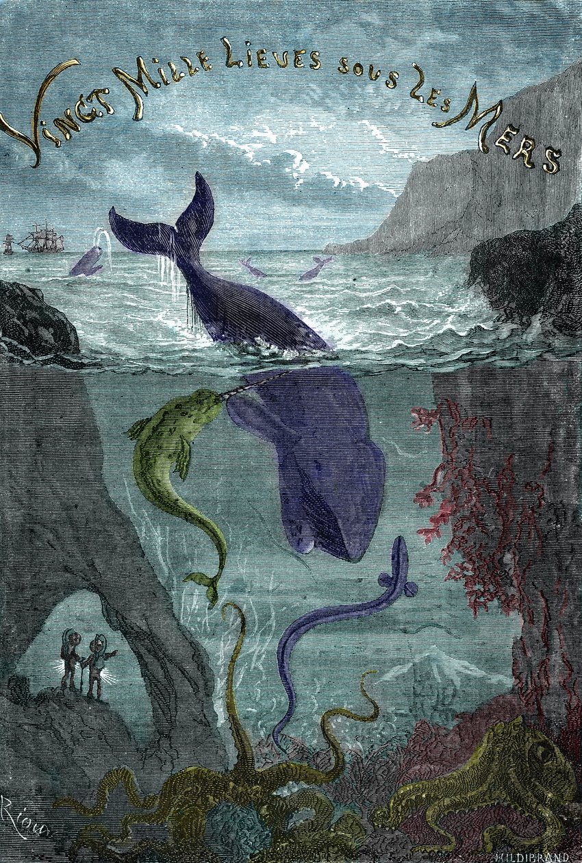 Rytina z knihy Julese Verna "Twenty thousand lieues sous les mers" (Dvacet tisíc - 20 000 - 20000) od Edouard Riou