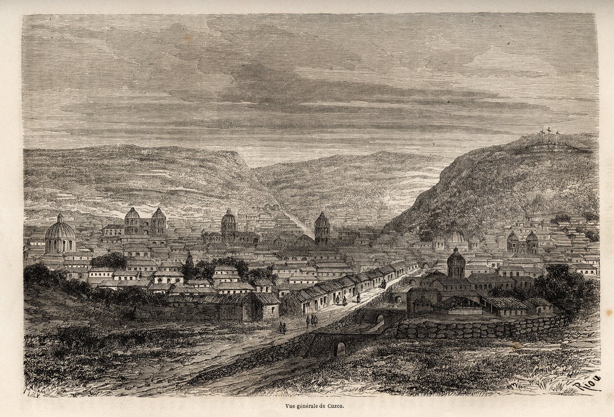 Celkový pohled na Cusco nebo Cusco, bývalé hlavní město Inků, kresba Riou, která ilustruje cestu Paula Marcoye Jižní Amerikou od roku 1848 do roku 1860. Rytina v „“Le tour du monde“, editoval Edouard Charton od Edouard Riou