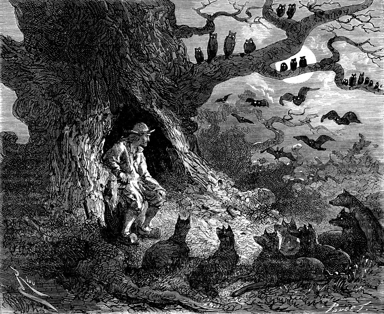 Ilustrace k románu Alexandra Dumase „Le leader de loups“: Thibault se zdál být středem pekelného kruhu, 19. století od Edouard Riou