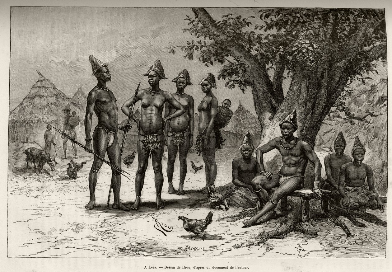 V Lera (nebo Dera, Niger), typy Mandes. Rytina Riou pro ilustraci příběhu „“ Z Nigeru do Guinejského zálivu““ od kapitána Louise Gustava Bingera (1856–1936), v letech 1887–1889, v Le tour du monde, nouveau journal des voyages, pod vedením od Edouard Riou