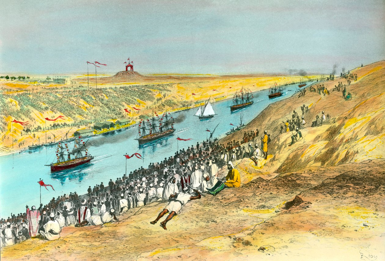 Inaugurace Suezského průplavu Průplav byl vytvořen, aby spojil Rudé moře se Středozemním mořem. Ilustrace Edouard Riou (1833-1900) 1869 Soukromá sbírka od Edouard Riou