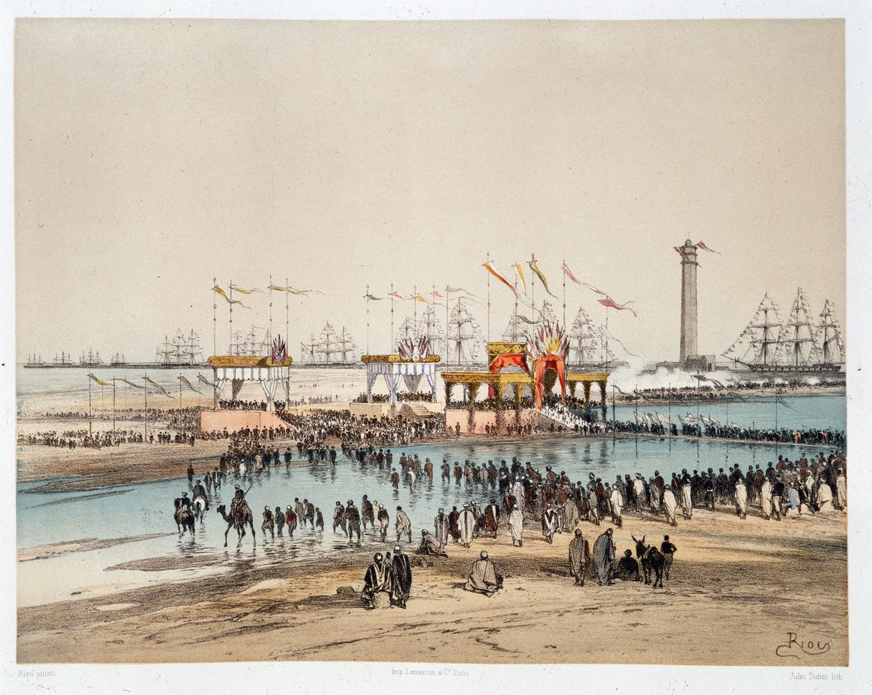 Slavnostní otevření Suezského průplavu v Port-Said (řekl Port) - v „Through the Isthmus of Suez““ od Riou, Marius Fontaine od Edouard Riou