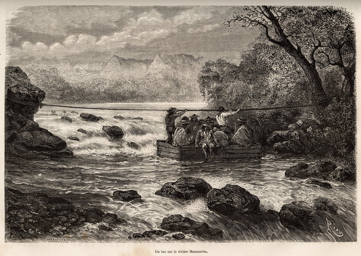 La traversee par le bac de la Riviere Mesacancha (Bas Peru), rytina E.Riou ilustrující cestu v horách, údolí Huarancalqui a regionech Pjonal, od roku 1862 do roku 1863, od Paula Marcoye, publikováno v „“ Le tour du monde”” 1875 od Edouard Riou